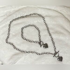Silver Heart Chain Necklace and Bracelet Set